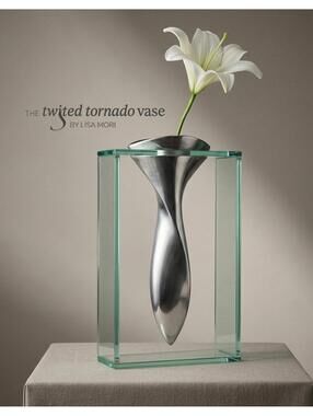 Lisa Mori Twisted Tornado Flower Vase 1980's | Brushed Cast Aluminum Glass Box